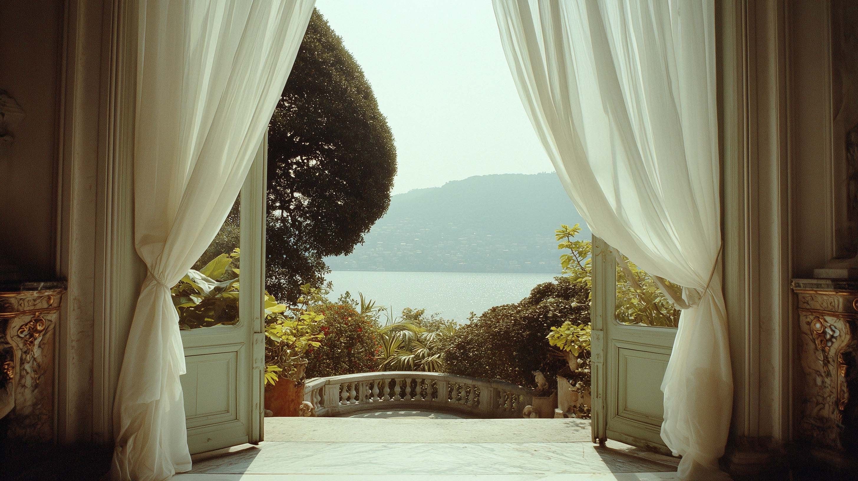 Sunlit terrace doors open to a serene lake view, framed by flowing curtains and lush greenery.