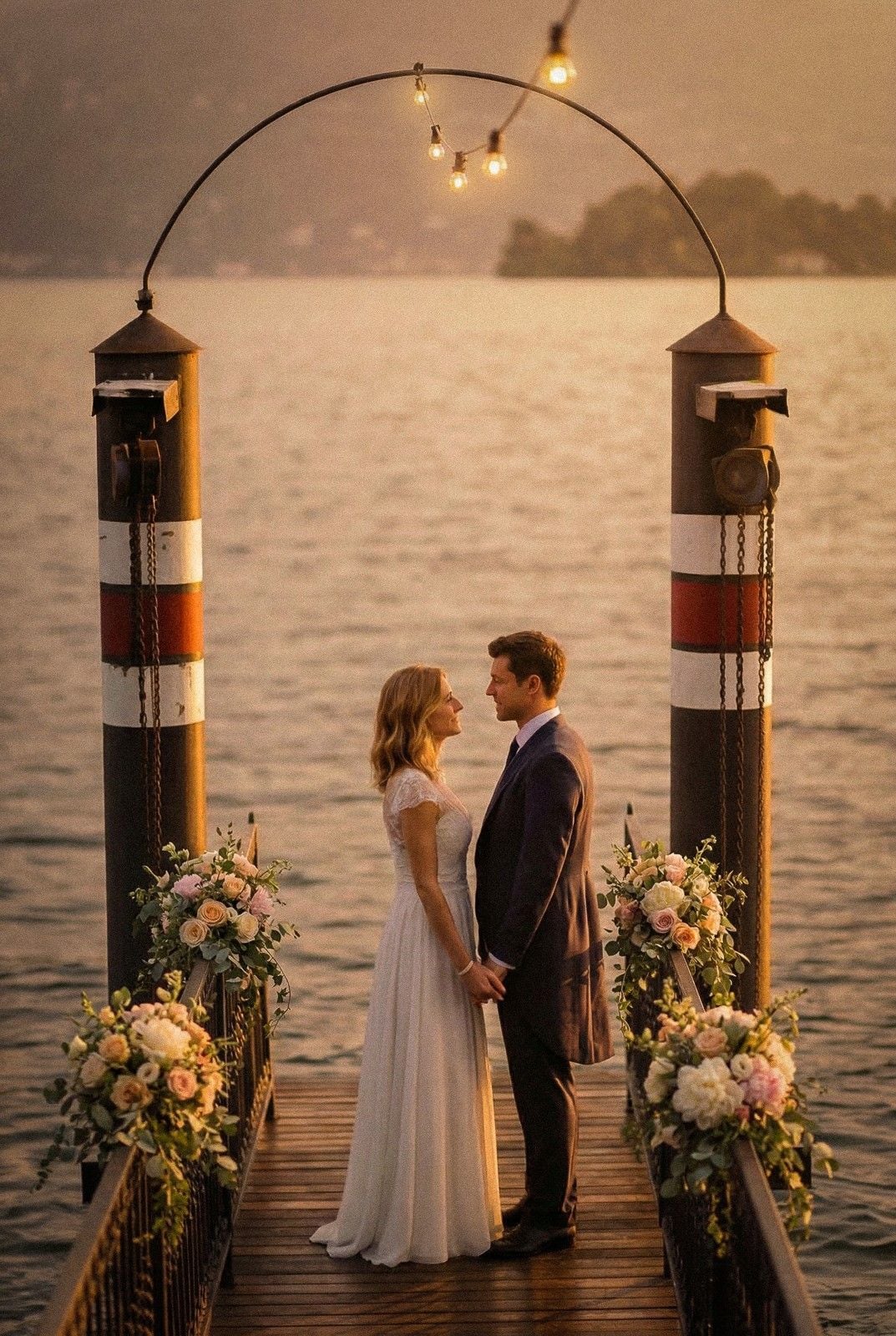 A couple stands on a dock by the water during sunset, adorned with flowers and glowing lights, sharing a romantic moment.