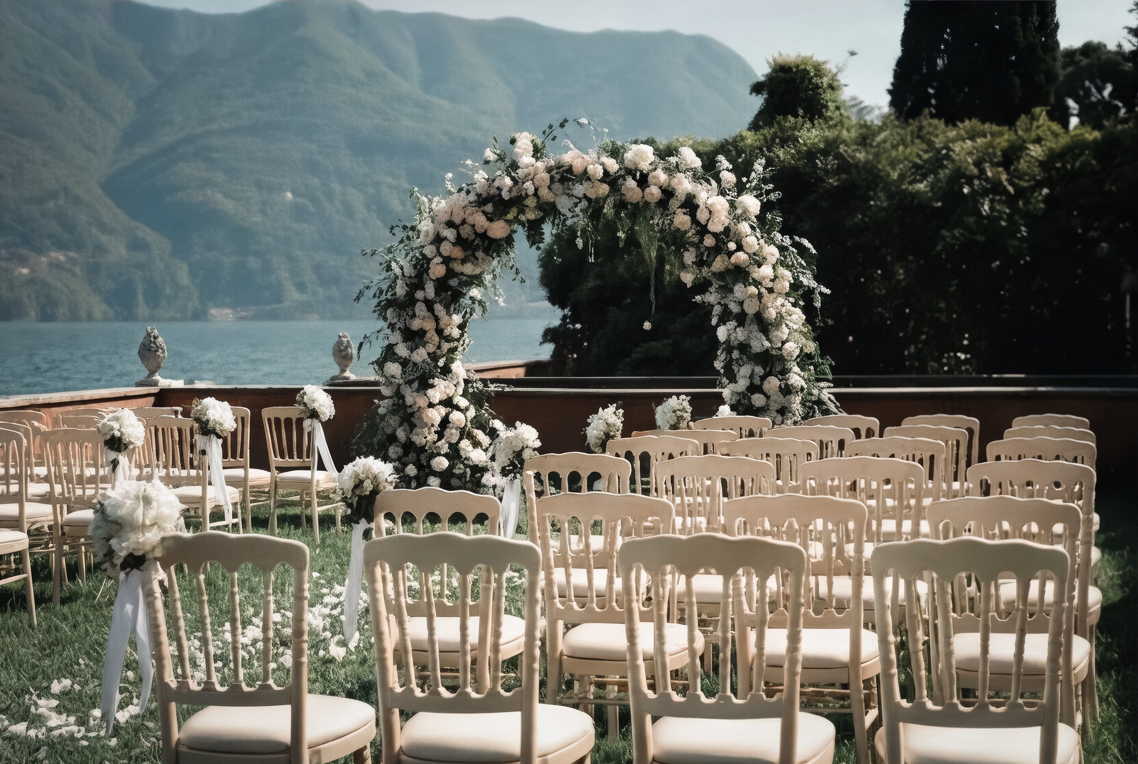 A beautiful outdoor wedding venue features floral decorations, seating, and a serene backdrop of mountains and water.