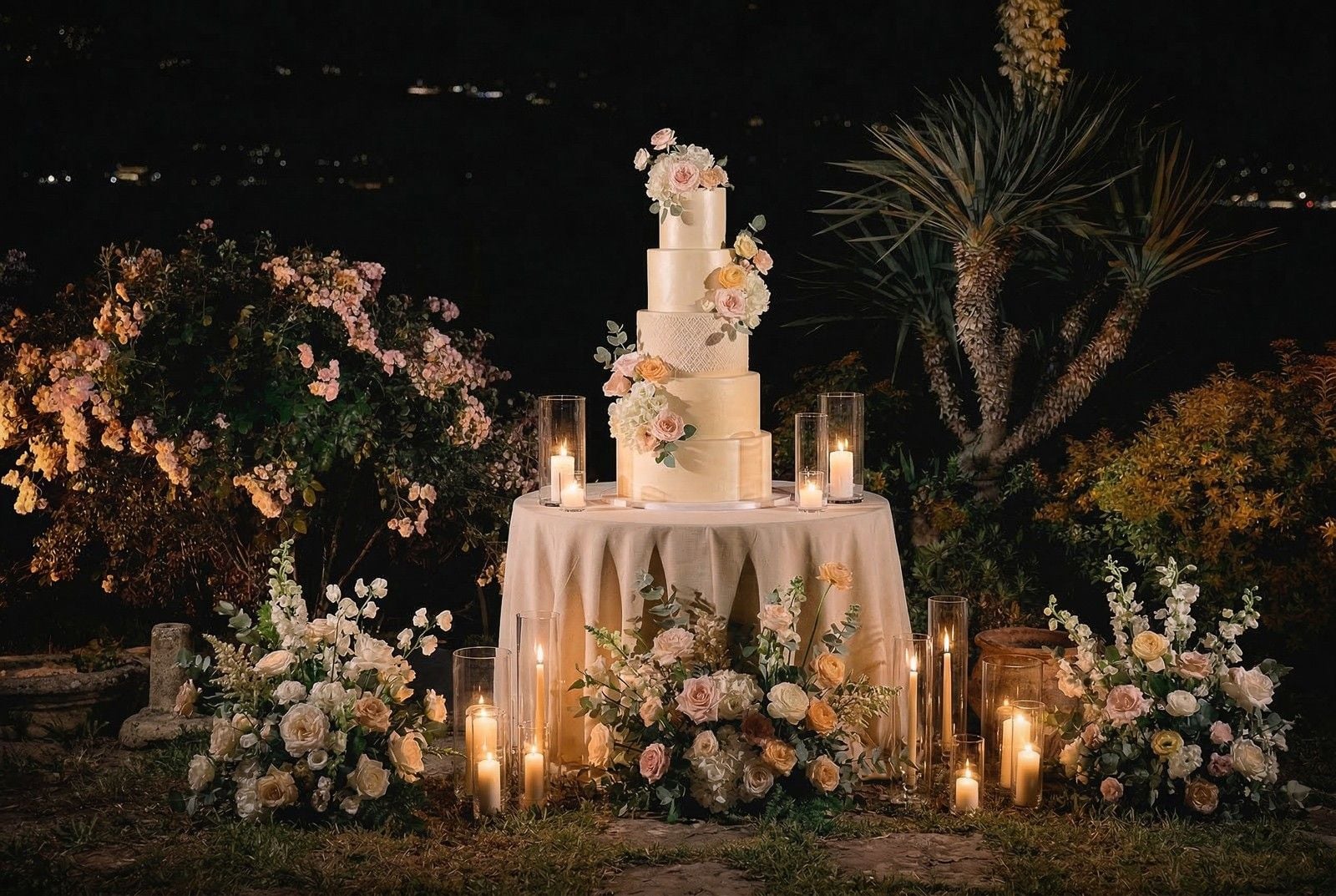 A beautifully decorated wedding cake with flowers sits on a table surrounded by candles and floral arrangements at night.