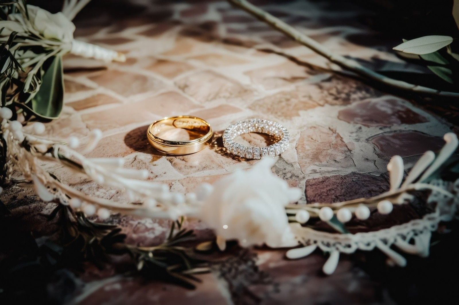 Gold wedding bands alongside a sparkling diamond ring, with floral decorations on textured stone background.