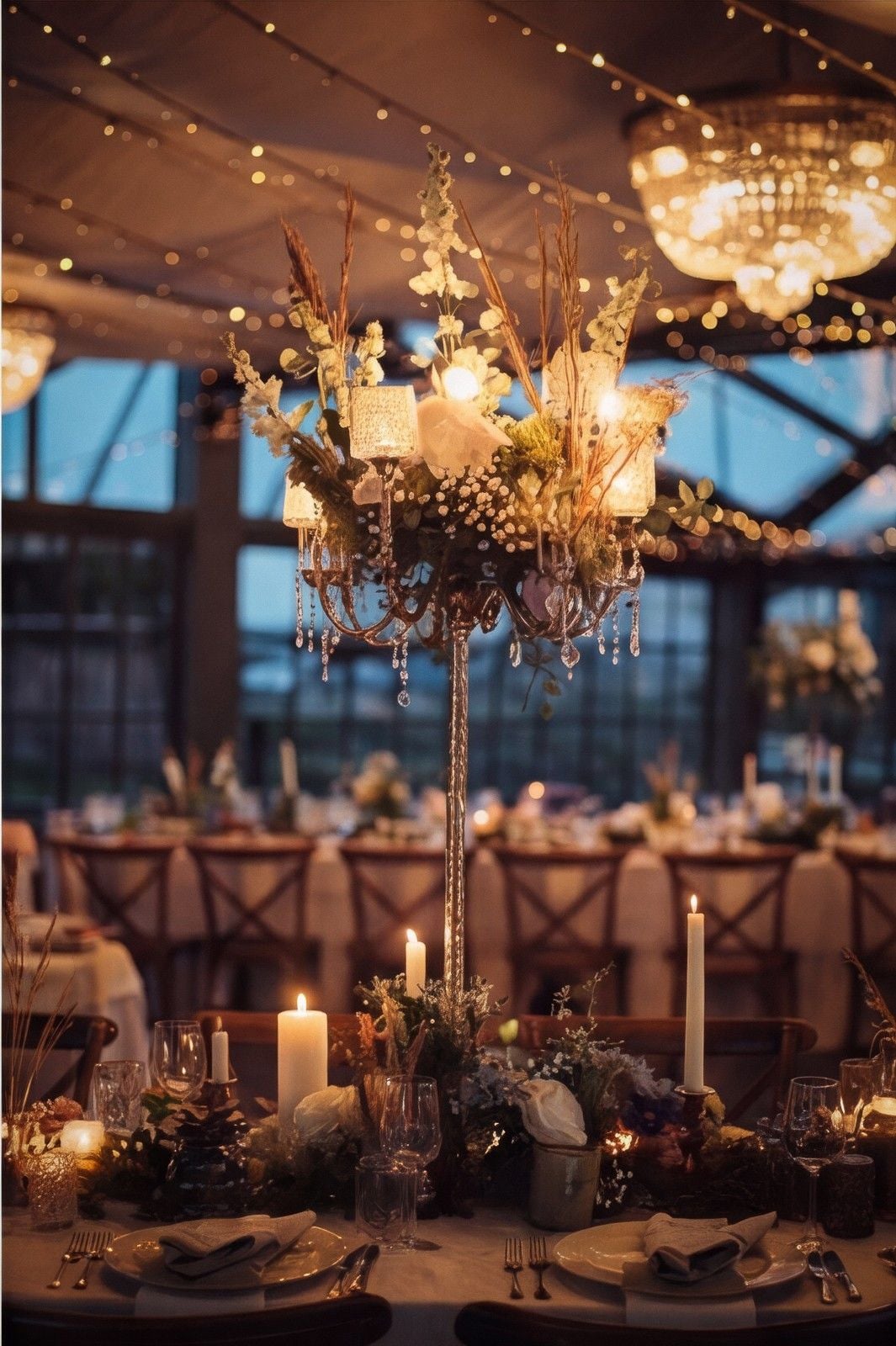 A beautifully decorated wedding reception featuring elegant centerpieces, warm candlelight, and sparkling string lights.