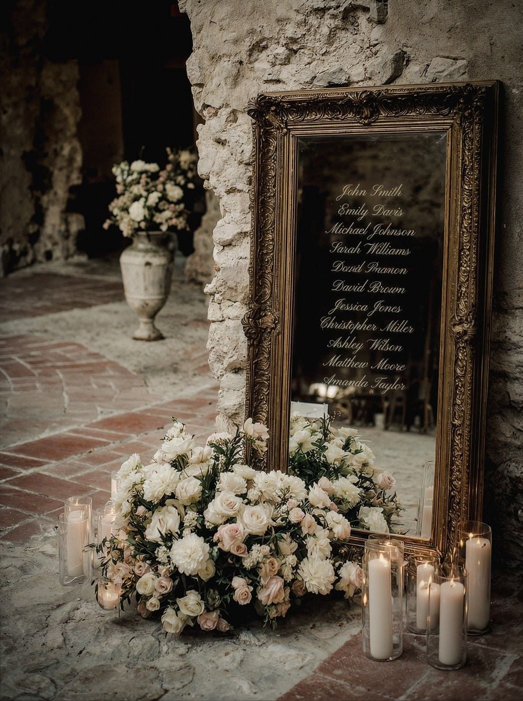 Elegant floral arrangement and candles near a vintage mirror reflecting names at a wedding venue.