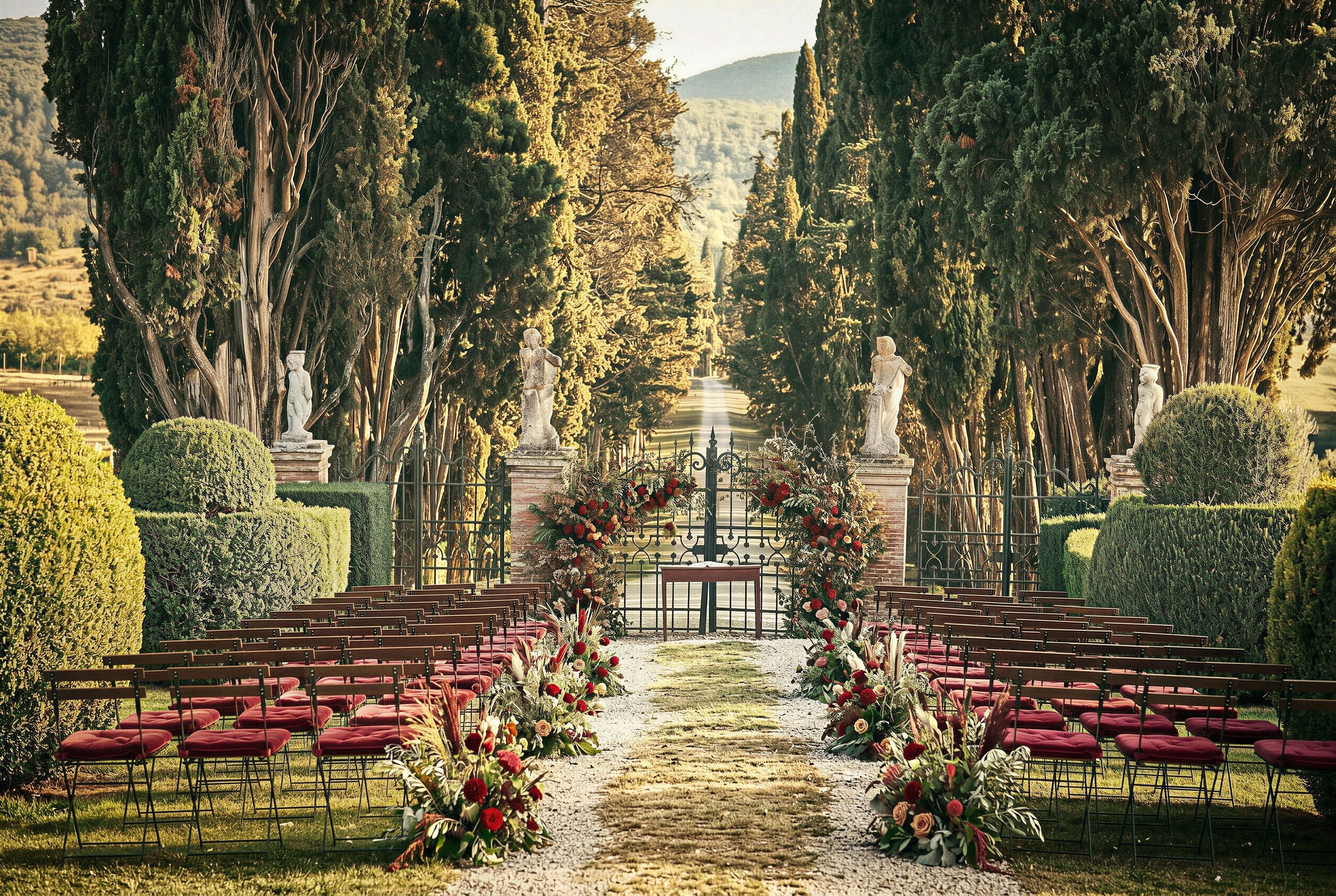 An elegant outdoor wedding venue with rows of chairs, floral arrangements, and sculpted hedges, bathed in warm sunlight.