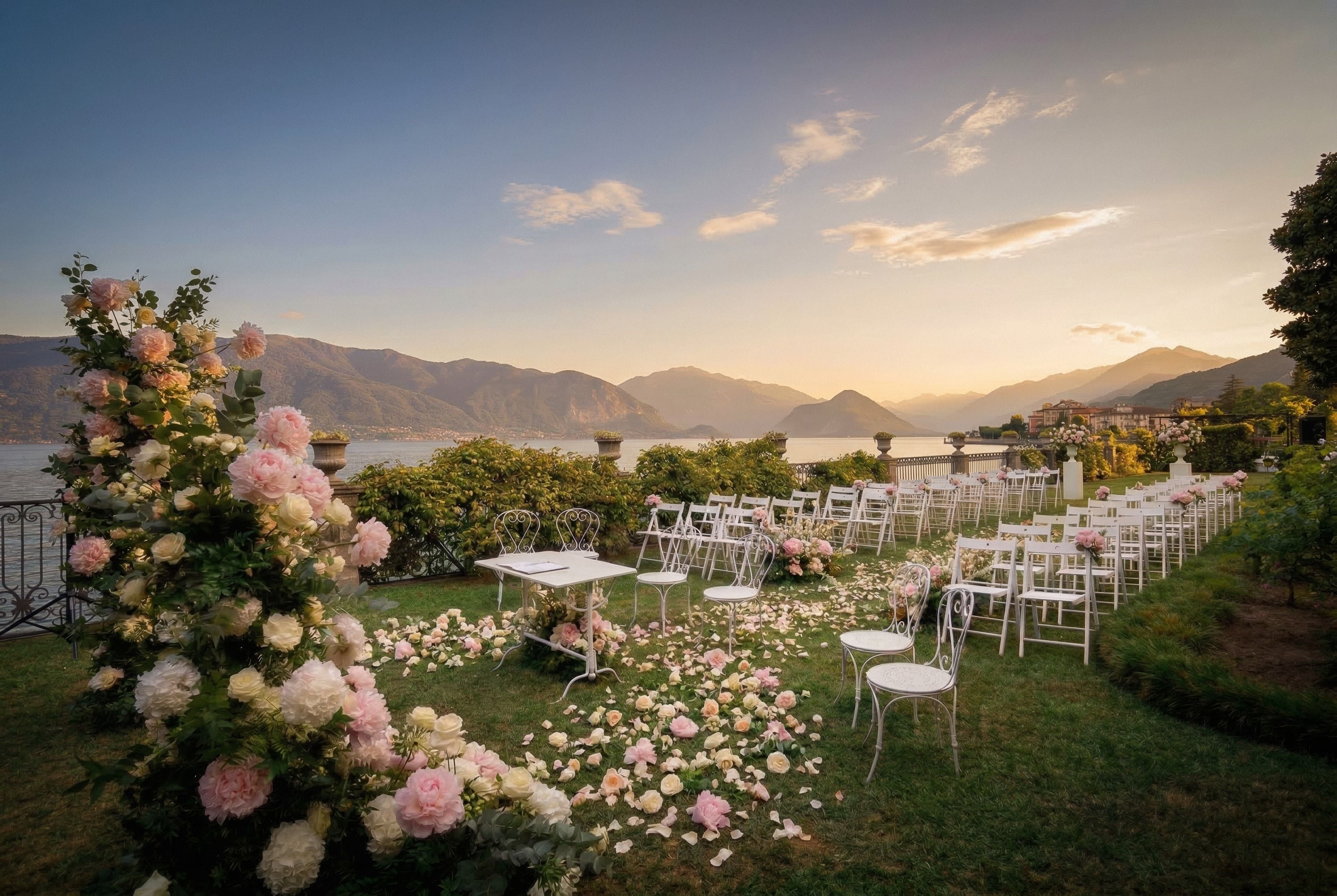 A beautiful outdoor wedding venue features white chairs and floral decorations against a serene lakeside backdrop.