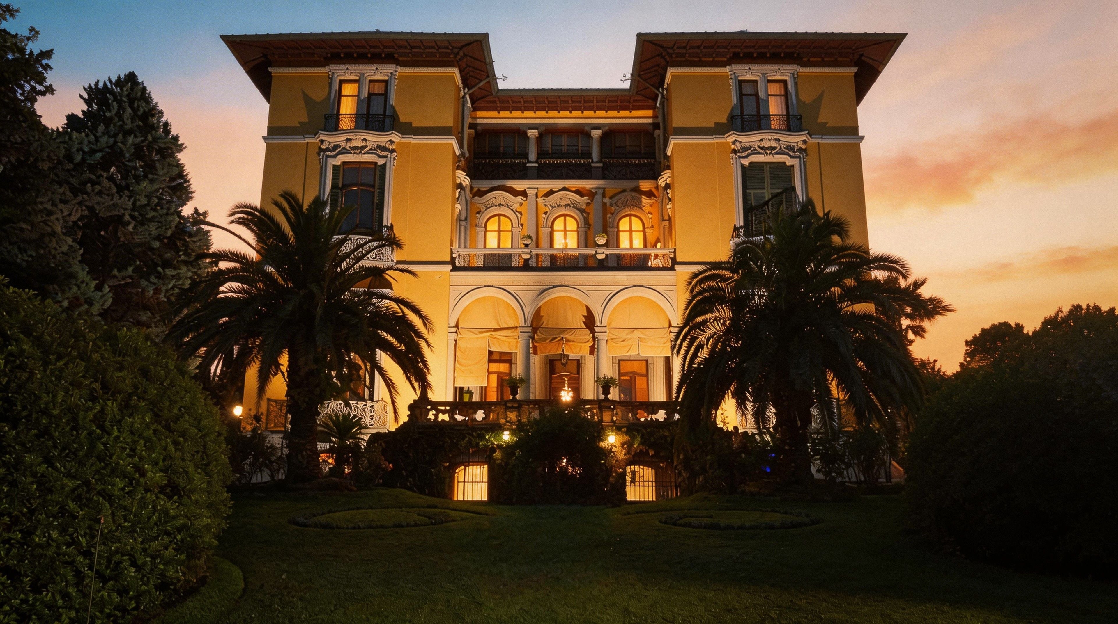 A beautiful villa surrounded by palm trees and gardens is illuminated during sunset, creating a romantic atmosphere.