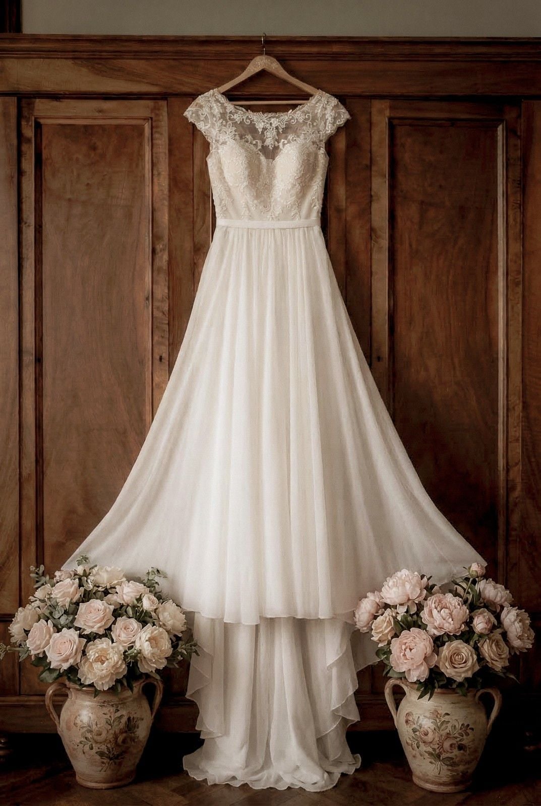 A beautiful ivory wedding dress hangs against a wooden backdrop, flanked by blooming flower arrangements in elegant vases.