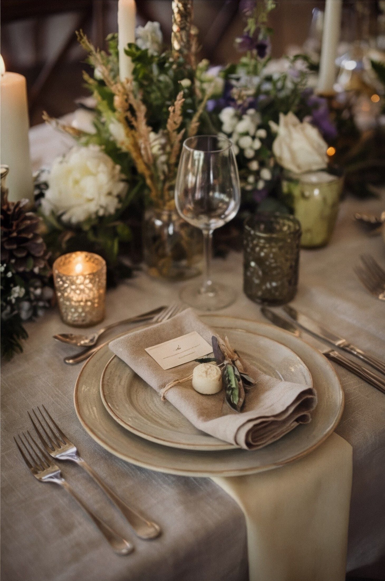 A beautifully set wedding table featuring candles, flowers, elegant tableware, and personalized napkin details.
