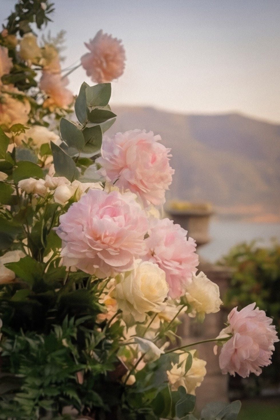 Beautiful pastel peonies and roses in soft sunlight, set against a serene mountainside backdrop for a romantic wedding.
