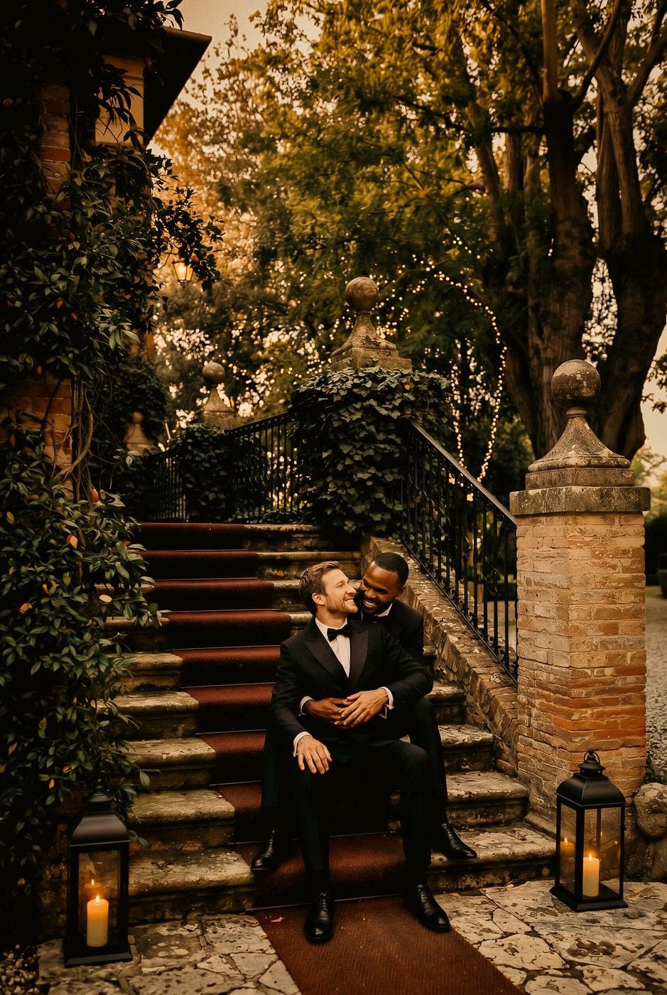 Two men in tuxedos embrace on elegant steps, surrounded by greenery and warm candlelight, exuding love and joy.