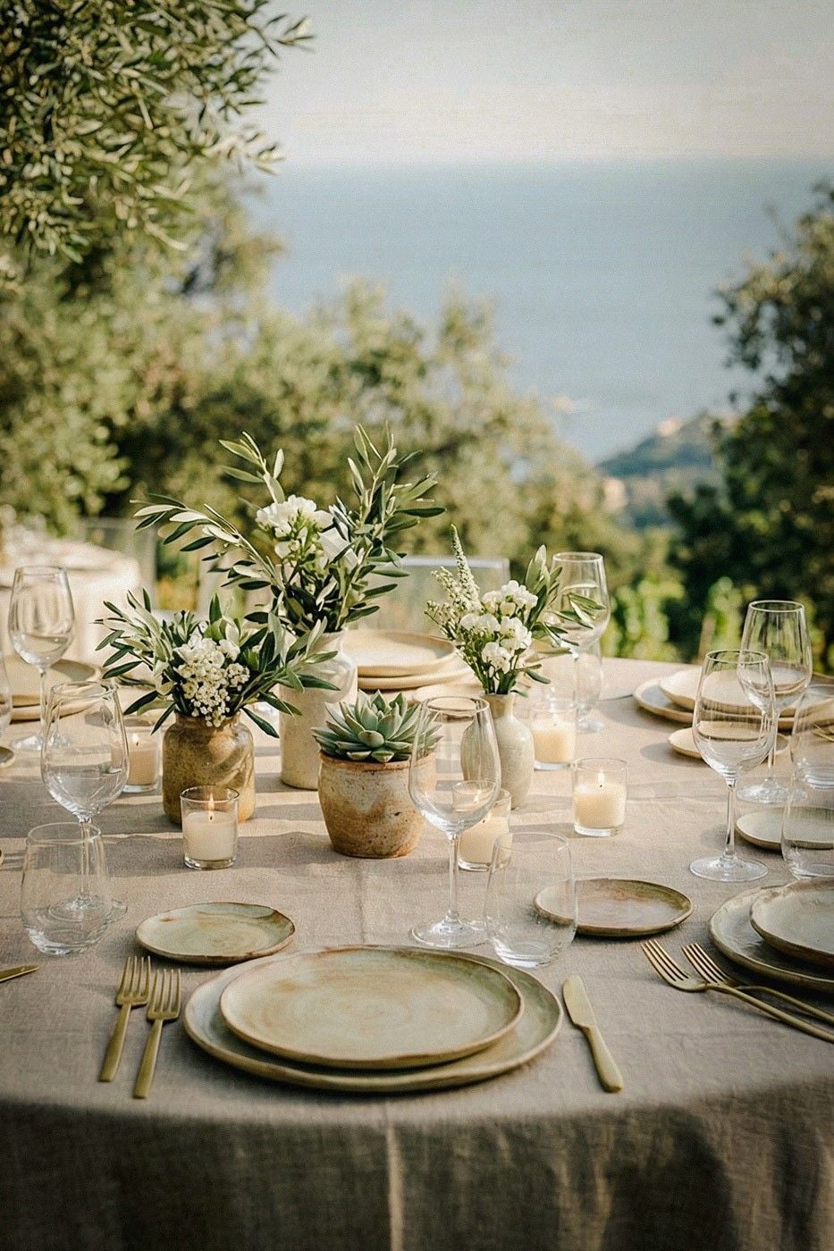 Elegant outdoor dining setup with rustic tableware, floral centerpieces, and ocean views in the background.