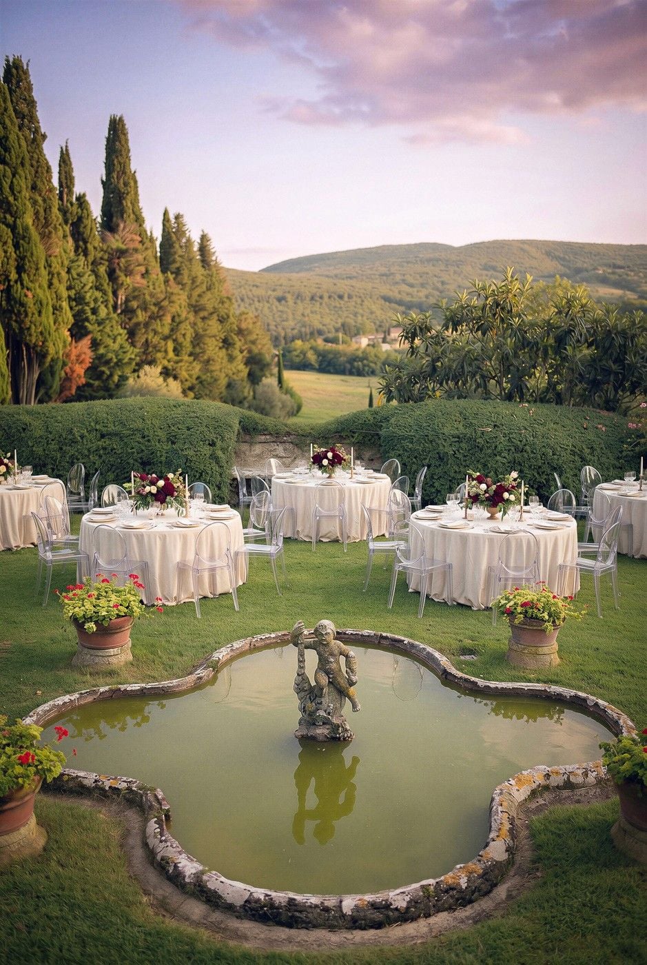 A romantic outdoor wedding setup features elegant tables, a pond with a statue, and scenic hills in the background.