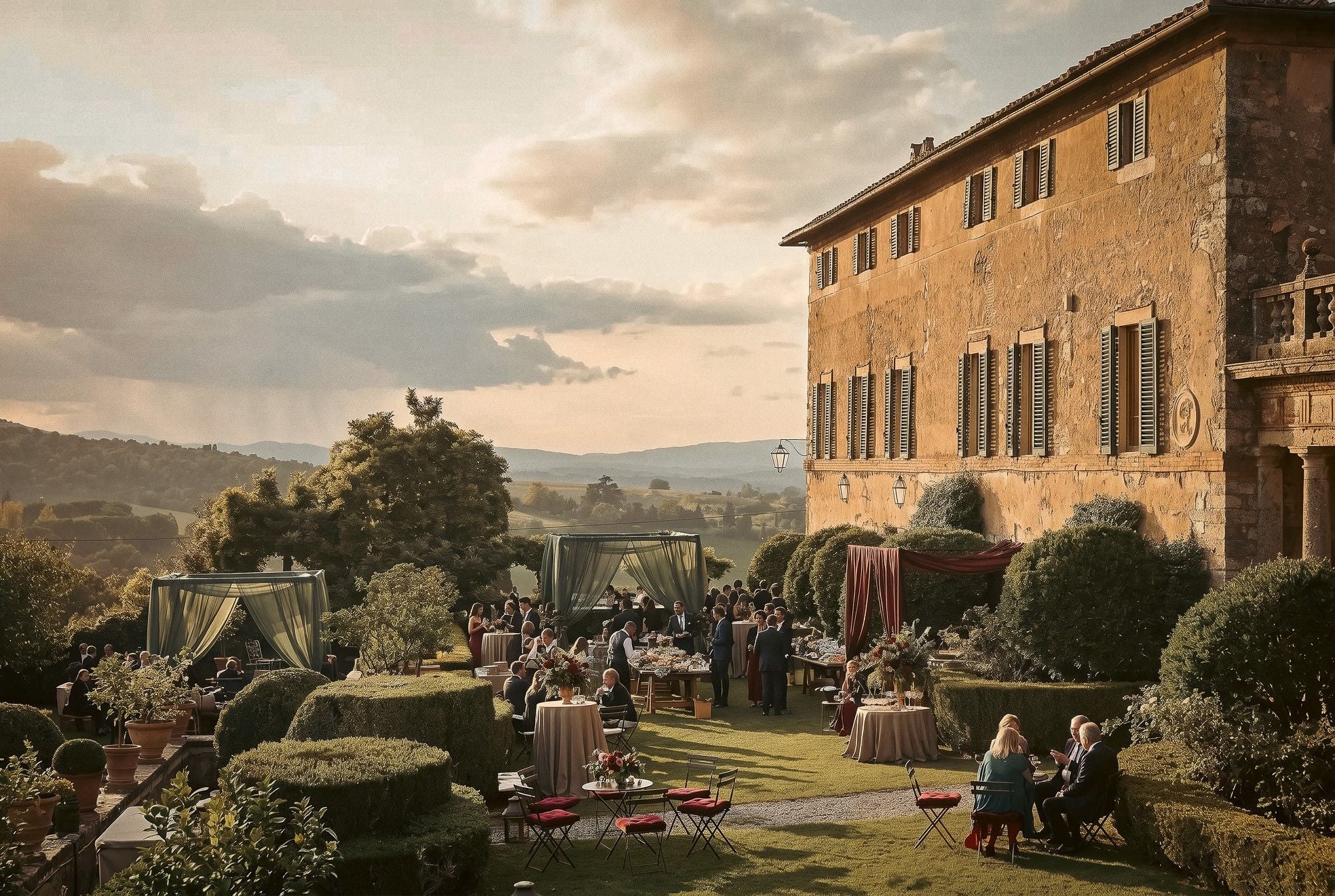 A picturesque outdoor wedding at a villa, featuring guests mingling among lush greenery and elegant tables.