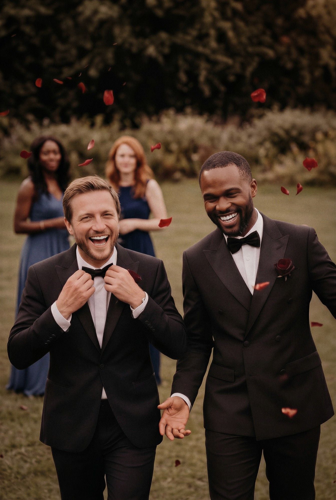 Two happy men in tuxedos laugh joyfully as rose petals fall around them, with friends standing in the background.