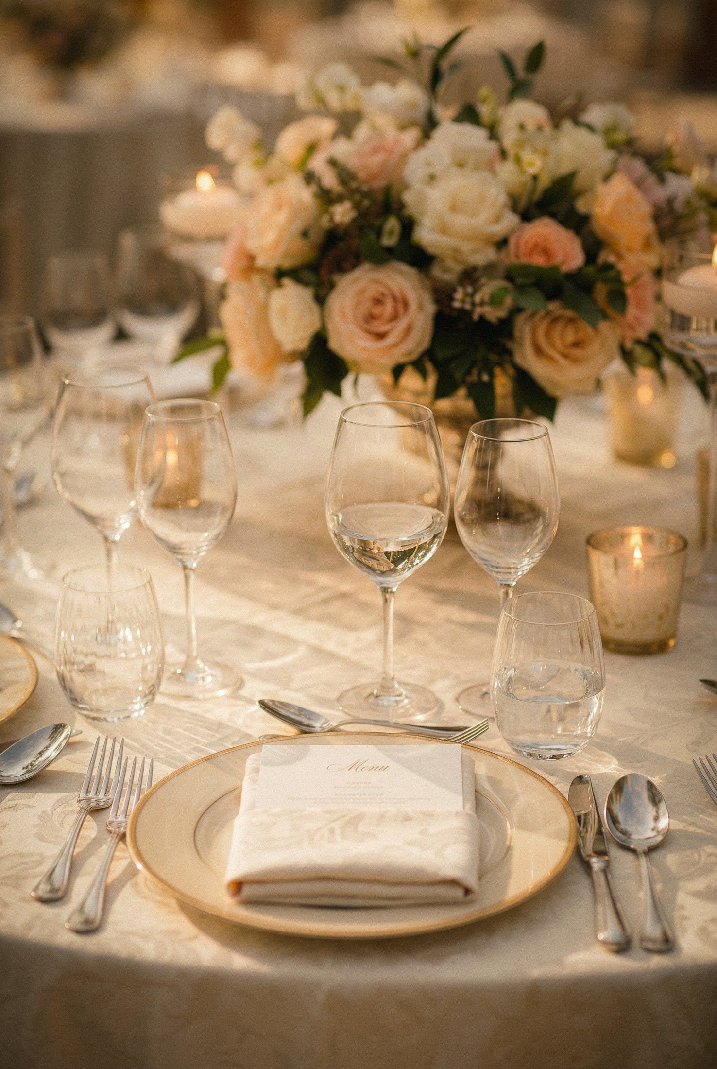 A beautifully set wedding table features elegant glassware, floral centerpiece, and neatly arranged silverware.