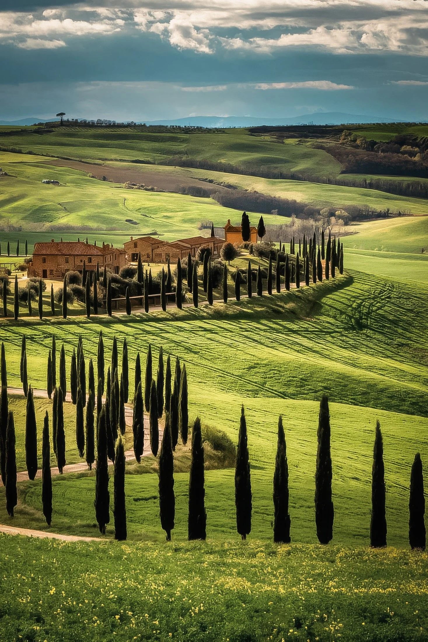 Rolling green hills of Tuscany adorned with tall cypress trees and rustic farmhouses under a dramatic sky.