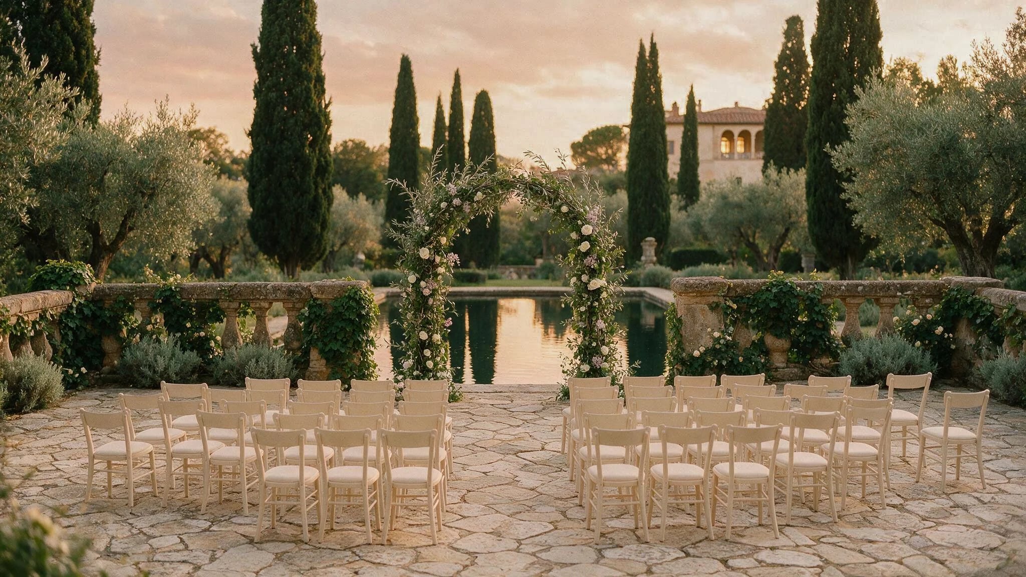 Italian villa garden set for a wedding with pool, ivory chairs and floral arch at dusk