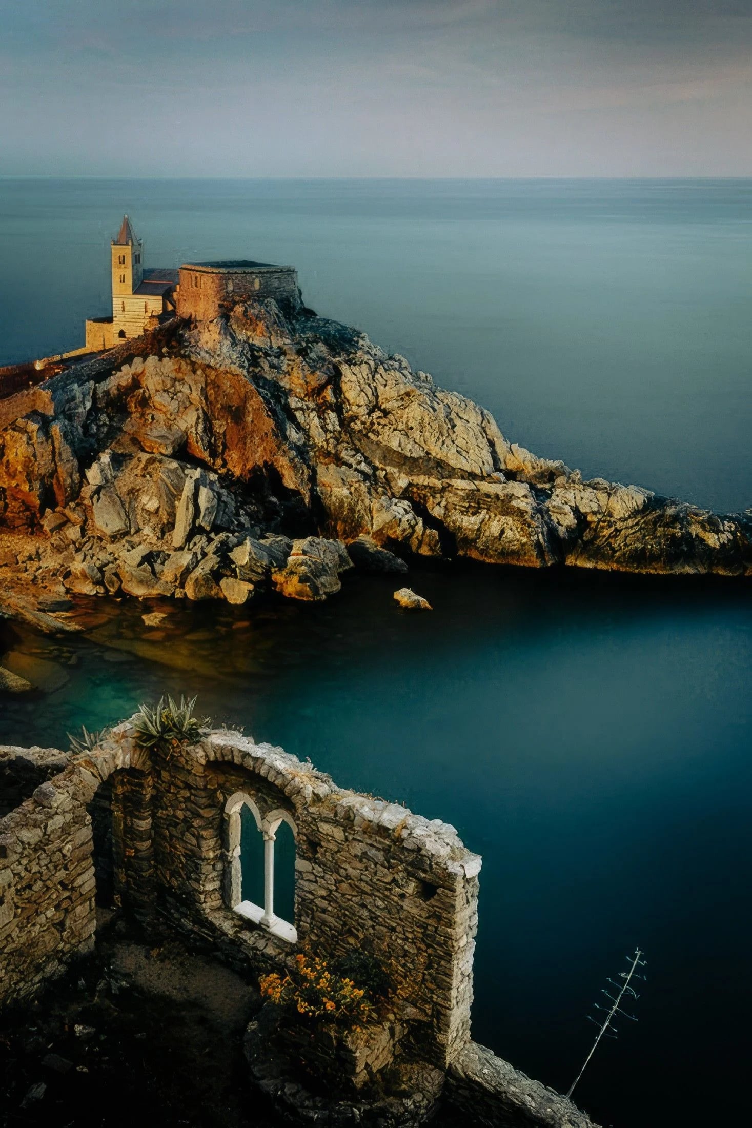 Historic stone structure atop a rocky island, with a lighthouse overlooking the calm sea at dusk.