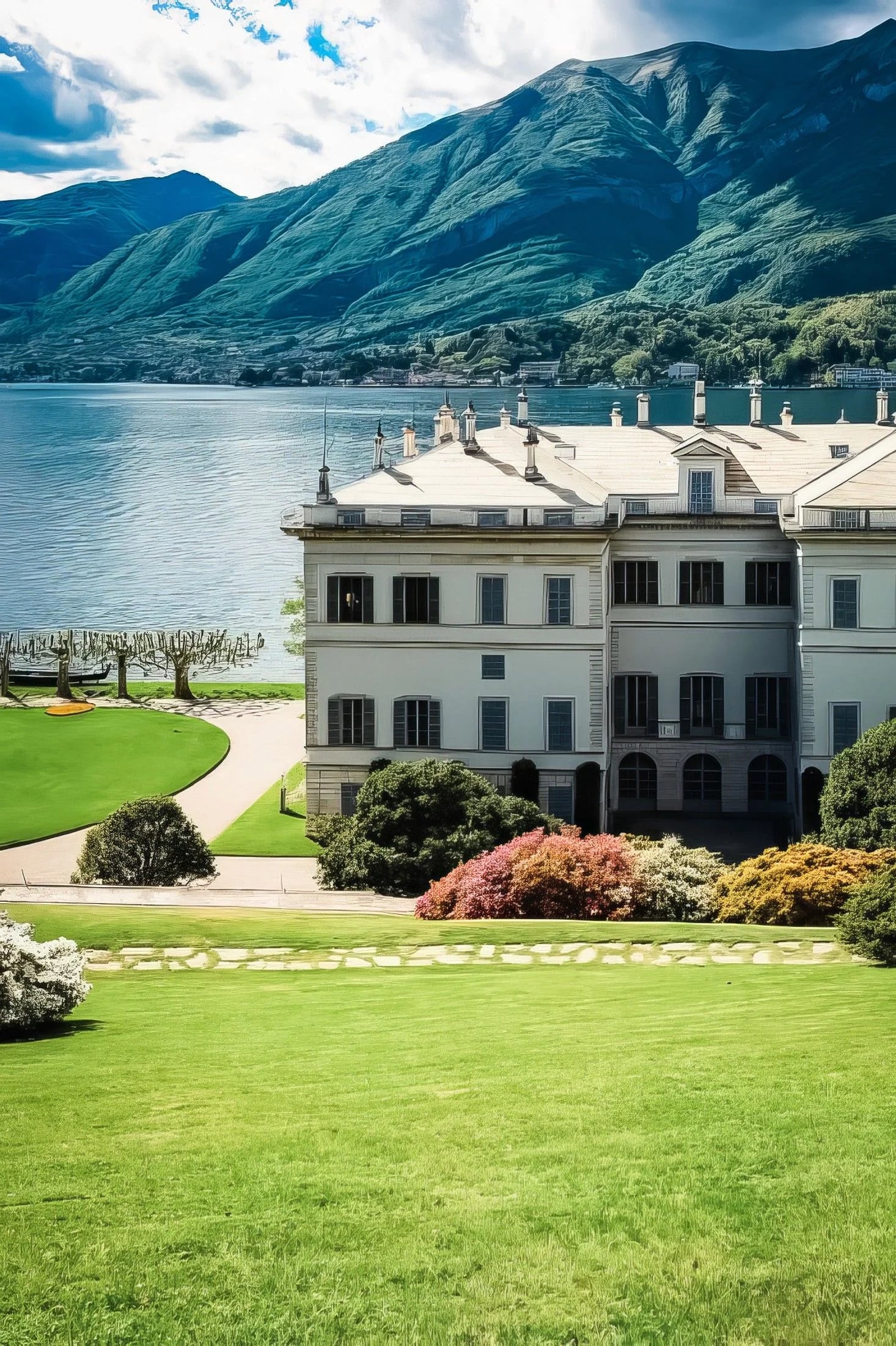 Elegant villa overlooking a serene lake surrounded by lush greenery and mountains in the background.