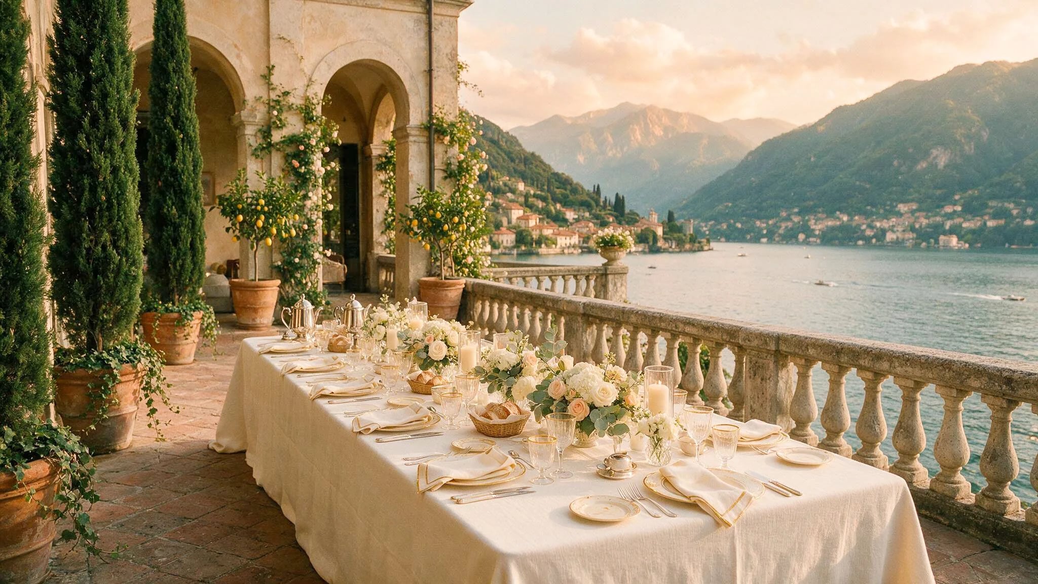 Italian villa garden set for a wedding with pool, ivory chairs and floral arch at dusk