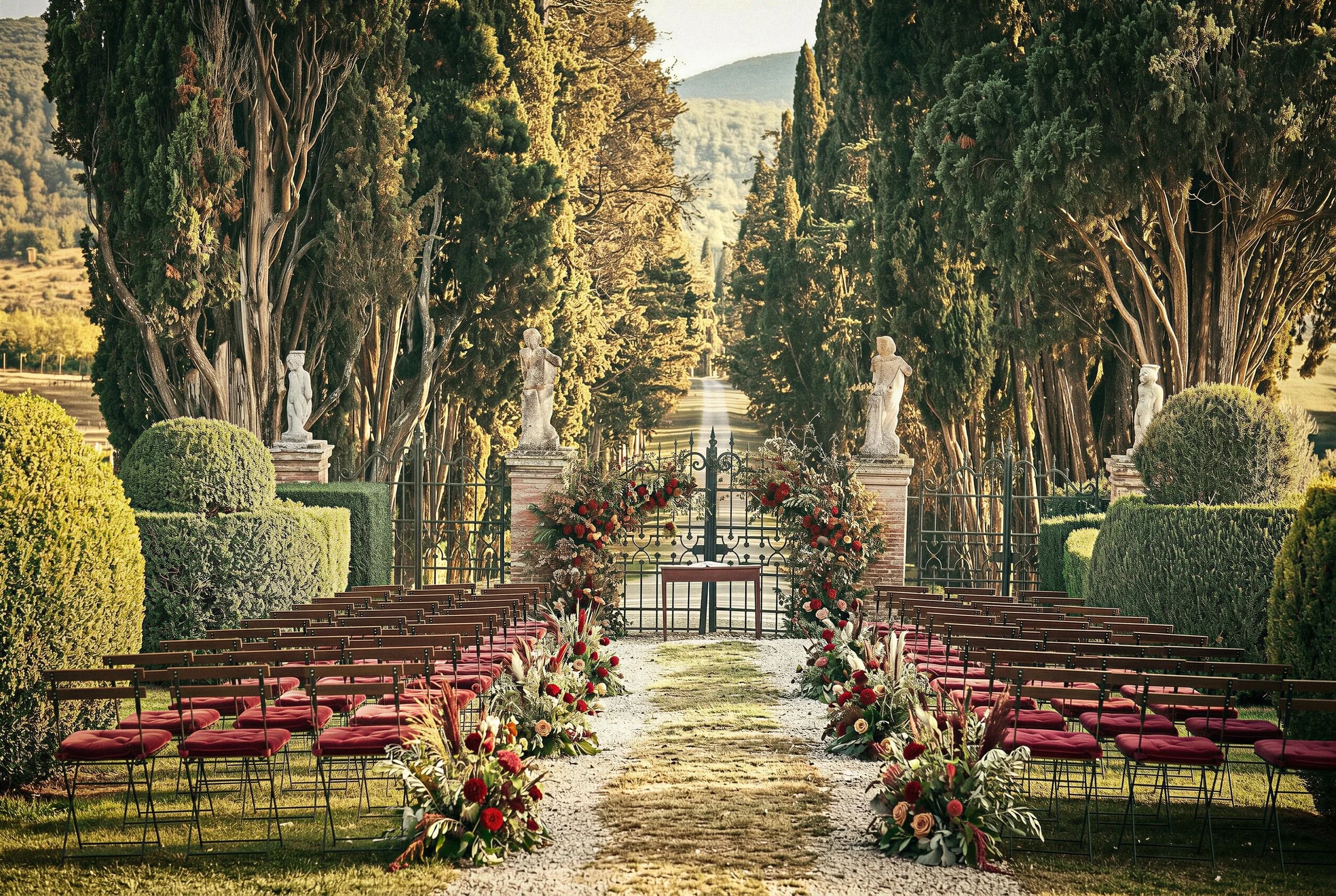 A beautifully arranged outdoor wedding ceremony with red cushioned chairs, floral decorations, and a scenic pathway.