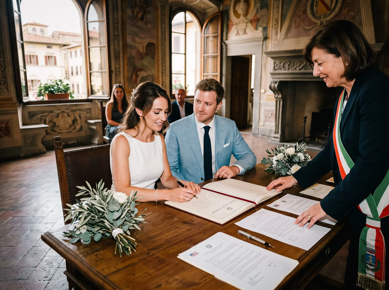 Foreign couple signing the civil marriage register at a historic Italian town hall, officiated by a municipal mayor