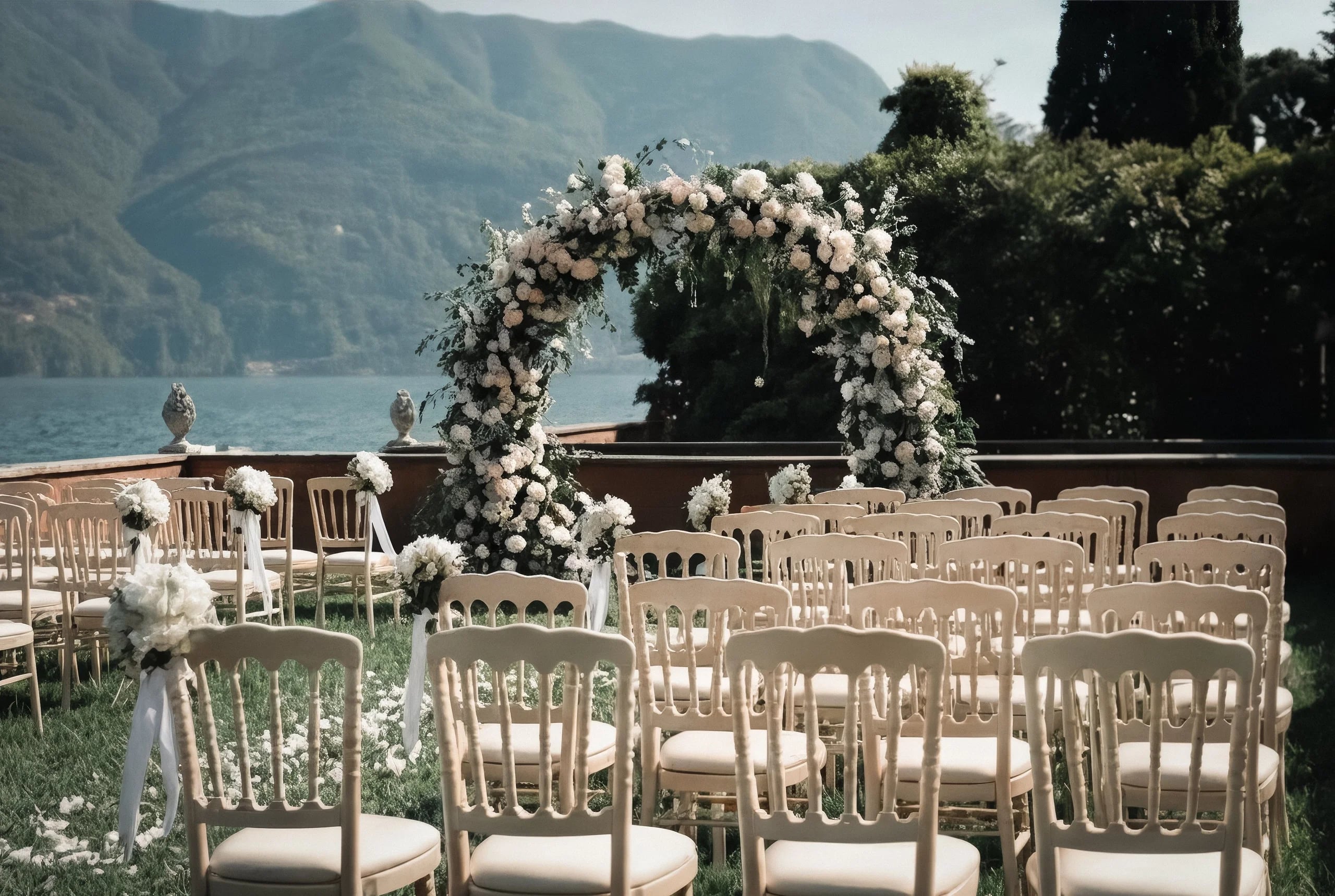 A serene outdoor wedding setup featuring floral decorations, chairs, and a stunning lake view in the background.